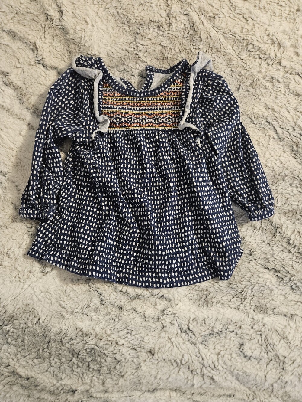 Navy Dot Smocked Long-Sleeve Baby Top W/ White Top